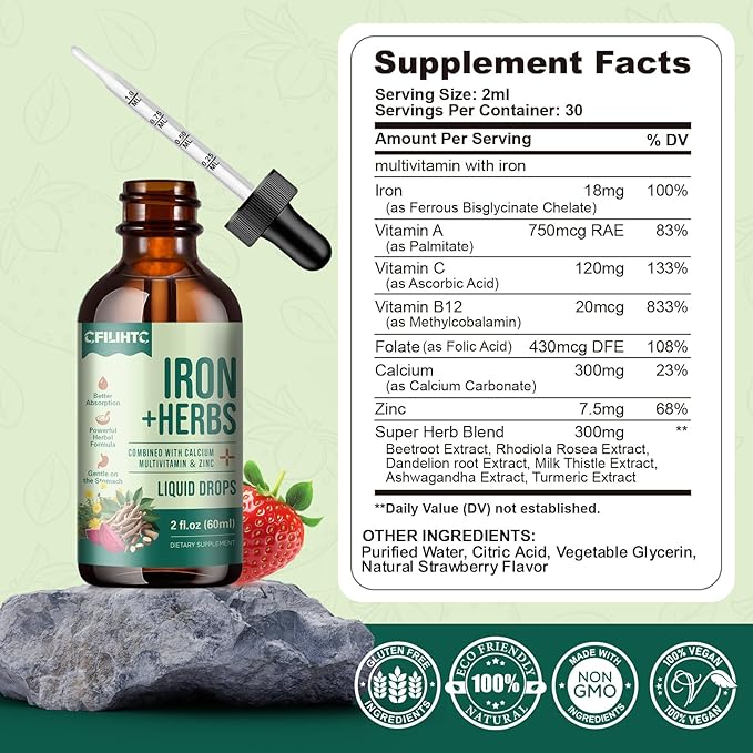 Liquid Iron Supplement for Women, Men, Iron Drops with Women's Health Herb Blend, Calcium, Zinc & Multivitamin - Support Blood Builder, Skin, Energy, Immune for Iron Deficiency, Anemia, Vegan 2 Fl Oz