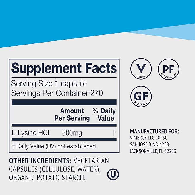 Vimergy L-Lysine – Promotes Healthy Skin, Hair, Nails & Joints* – Supports Healthy Metabolism* – Vegan, Non-GMO & Gluten-Free – 270 Capsules