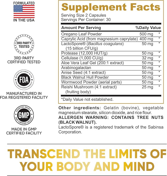 Candida Cleanse with Natural Herbs and Probiotics, Oregano Leaf, Wormwood, Black Walnut, Caprylic Acid