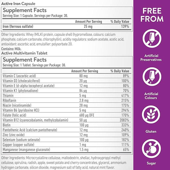 Active Iron for Women, Non-Constipating, 30 Active Iron High Potency Capsules with 30 Multivitamin Tablets, Helps Strengthen Your Immune System, 2 Pack
