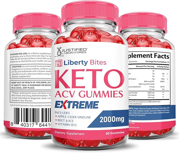 Liberty Bites Keto ACV Gummies Extreme 2000MG Libertybites Keto Gummies Apple Cider Vinegar Formulated with Pomegranate Beet Juice Powder B12 Vegan Non GMO 60 Gummys