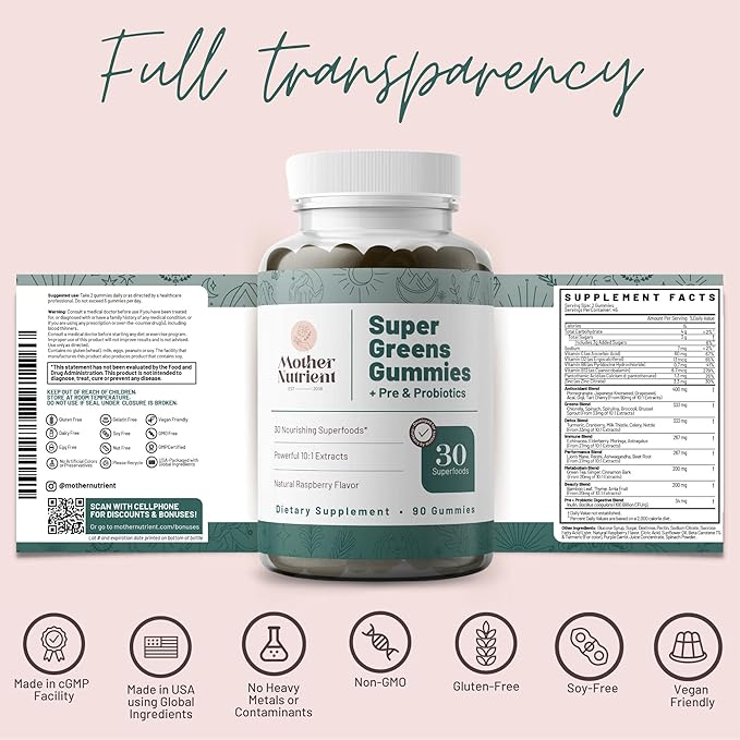 Mother Nutrient Super Greens Gummies for Women, Adults - with Prebiotics & Probiotics, Not 8, but 30 Powerful Greens Superfoods - Multivitamin Veggie Chewables (90 Gummies)