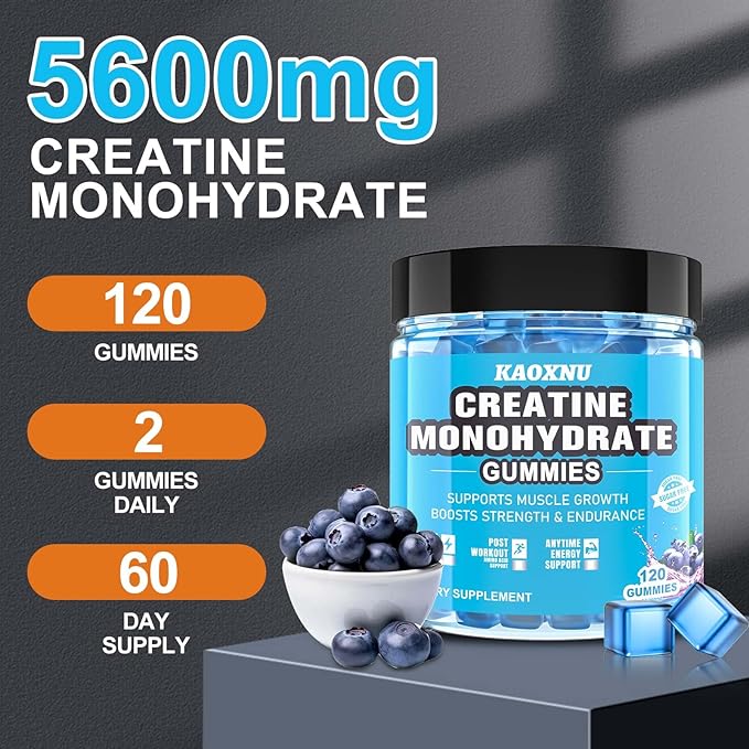 Creatine Monohydrate Gummies 5600mg for Men & Women, 120 CT Chewable Creatine Monohydrate for Muscle Support, Energy Boost, 5.6g of Creatine Monohydrate per Serving - Sugar Free (Blueberry Flavor)
