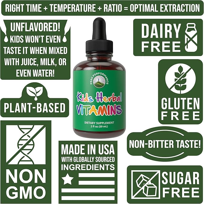 Kids Vitamins From Herbs. Liquid Kids Herbal Multivitamin. No Bitter Taste. Sugar Free 14-in-1 Vegan Supplement Drops For Toddlers, Kids, Children, Teens. Mixed In Water Kids Won't Even Taste It