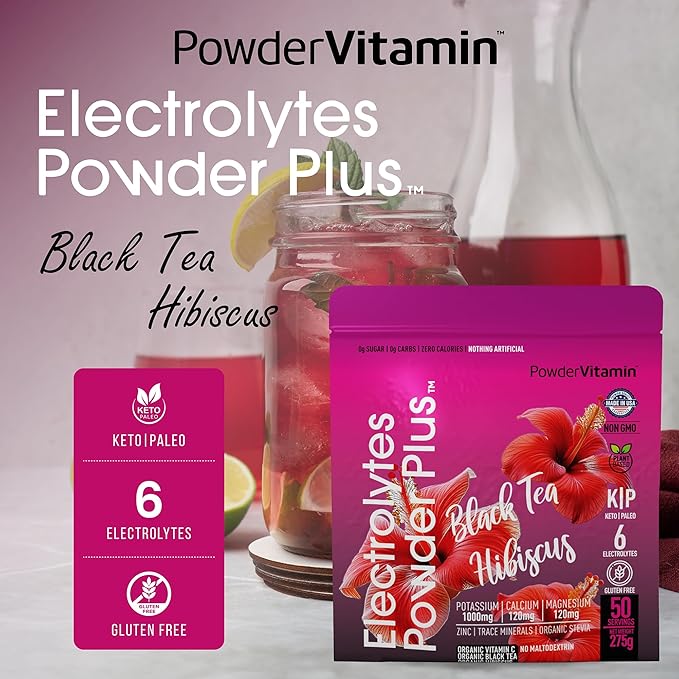 Electrolytes Powder Plus (50 Servings) Black Tea Hibiscus Electrolyte Powder Keto, Sugar Free, Pink Himalayan Salt,1000mg Potassium,120mg Calcium,120mg Magnesium, Hydration Powder