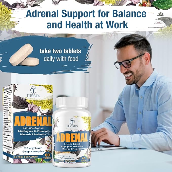 Adrenal Support Adaptogens Herbs Supplements - Cortisol Supplement with Rhodiola Rosea, Ashwagandha, Holy Basil and Eleuthero-Mood and Energy Support for Women & Men-Non-GMO, 60 Vegan Tablets