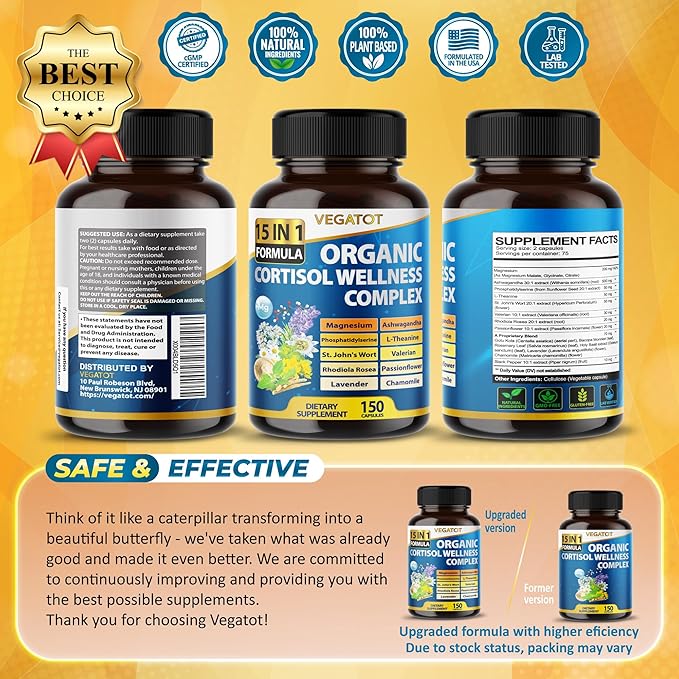 VEGATOT Organic Cortisol Wellness Complex 15-in-1 Formula with Magnesium Ashwagandha St. John's Wort Valerian Rhodiola Rosea Passionflower Chamomile