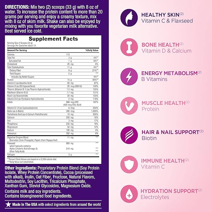 Nature's Bounty Complete Protein & Vitamin Shake Mix with Collagen & Fiber, Contains Vitamin C for Immune Health, Decadent Chocolate Flavored, 1 lb