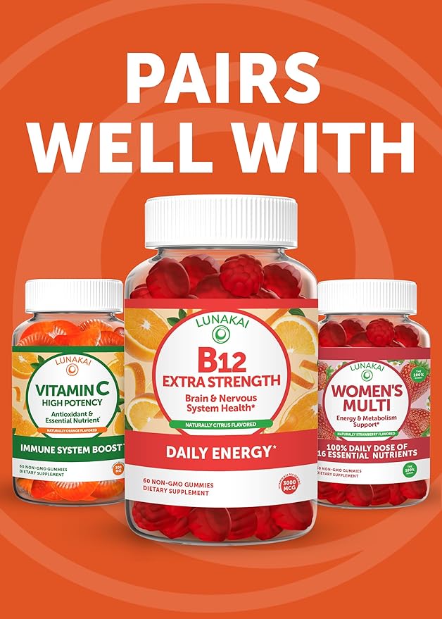 Lunakai USA Made Vitamin E Gummies 400IU with Vitamin C - Delicious, Vegan, Non-GMO Supplement for Daily Skin & Eye Support, d-Alpha Tocopherol, 60ct