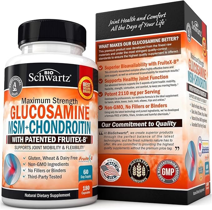 Glucosamine Chondroitin MSM Triple Strength Joint Support Supplement with Collagen Peptides, Turmeric and Ginger, Hyaluronic Acid, Glucosamine Chondroitin Sulfate - Gluten Free, Non GMO, 180 Capsules
