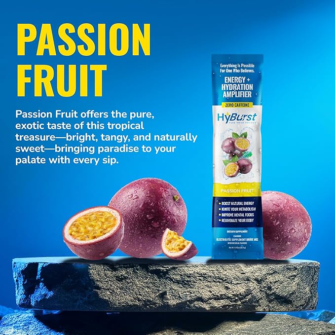 Energy + Hydration Amplifier - Multivitamin Electrolyte Powder Packets with Vitamins D3 K2 & B6 B12 | L-Theanine, Cane Sugar, Caffeine Free Energy Drink Powder | Passion Fruit, 15 Pack