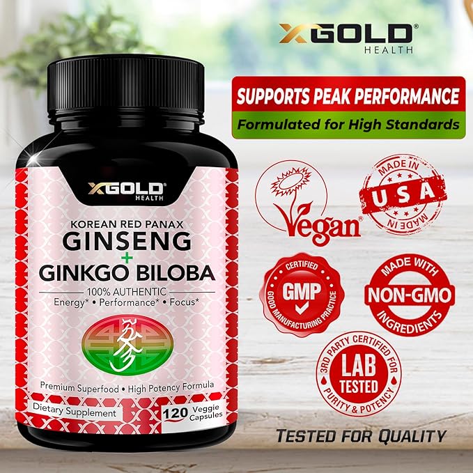 Korean Red Panax Ginseng 1200mg + Ginkgo Biloba -120 Vegan Capsules - High Ginsenosides Extra Strength Root Extract Powder Supplement for Energy, Performance & Focus Pills for Men & Women