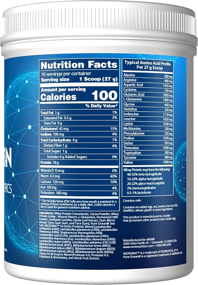 MRM Nutrition Whey Protein | Chocolate Flavored |18g Protein | with 2 Billion probiotics + Digestive enzymes + BCAAs | High Absorption + Digestion | Hormone + antibiotic Free | 17 Servings