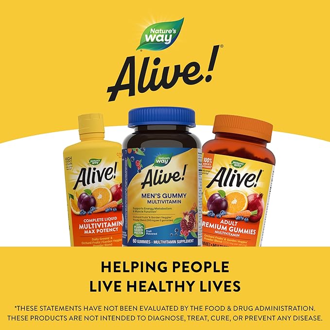 Nature's Way Alive! Men's Daily Gummy Multivitamin, Supports Energy Metabolism*, Muscle Function*, B-Vitamins, B-Vitamins, Gluten-Free, Vegetarian, Fruit Flavored, 60 Gummies (Packaging May Vary)