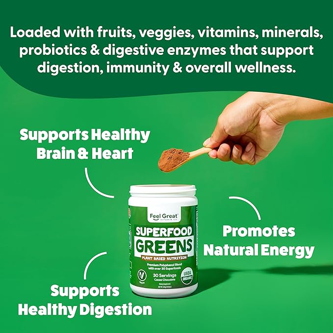Organic Superfood Greens Powder - Cocoa Chocolate | Super Greens Fruit & Vegetable Supplement | Over 20 Greens, Fruits & Veggies, Fiber, Probiotics & Digestive Enzymes | 30 Servings
