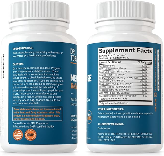 Dr. Tobias Menopause Relief Supplement with Black Cohosh, Soy Isoflavones, and Don Quai, Hot Flash Relief & Night Sweats Relief for Women, Non-GMO, 60 Capsules, 30 Servings