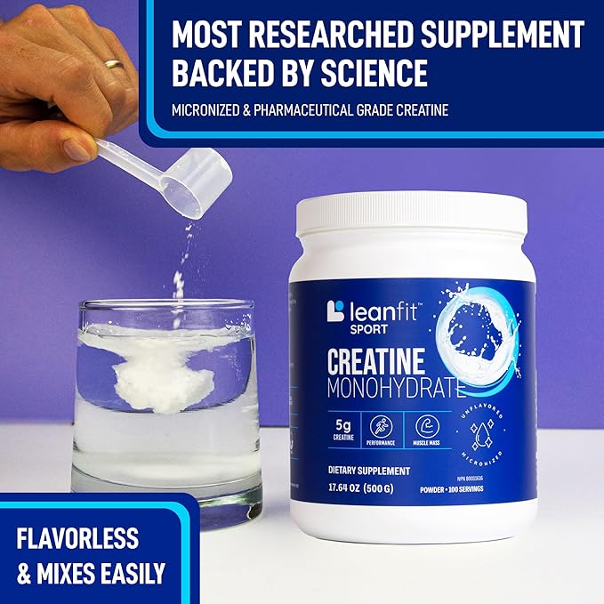 LeanFit Sport CREATINE MONOHYDRATE Powder, Unflavored - Informed Choice Certified, Micronized & Pharmaceutical Grade Creatine, Gluten-Free, Vegan – 5g Creatine Per Serving, 100 Servings, 17.64oz Tub