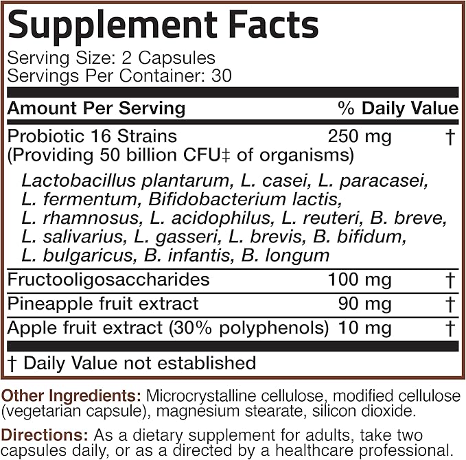 Bronson Probiotic 50 Billion CFU + Prebiotic with Apple Polyphenols & Pineapple Fruit Extract for Women & Men Non-GMO, 60 Vegetarian Capsules