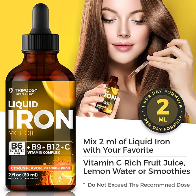 Liquid Iron Supplement for Women and Men - Iron Drops with B6, B9, B12, Vitamin C, Iron Vitamin for Anemia, Blood Builder, Folate for Red Blood Cell and Immune Support MCT Oil (2 Fl Oz, Citrus)