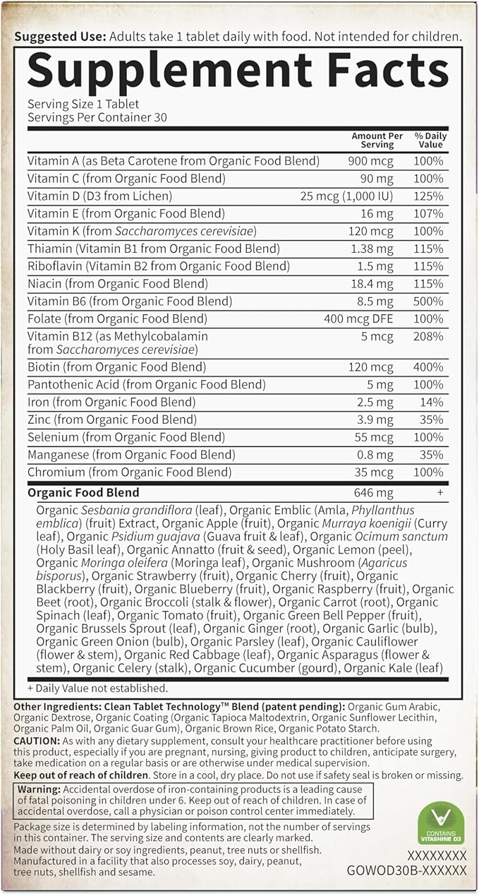 Garden of Life Organics Multivitamin for Women - Women's Once Daily Multi - Whole Food Multi with Iron, Biotin, Vegan Organic Womens Multivitamin for Health, Energy Hair Skin and Nails, 30 Tablets