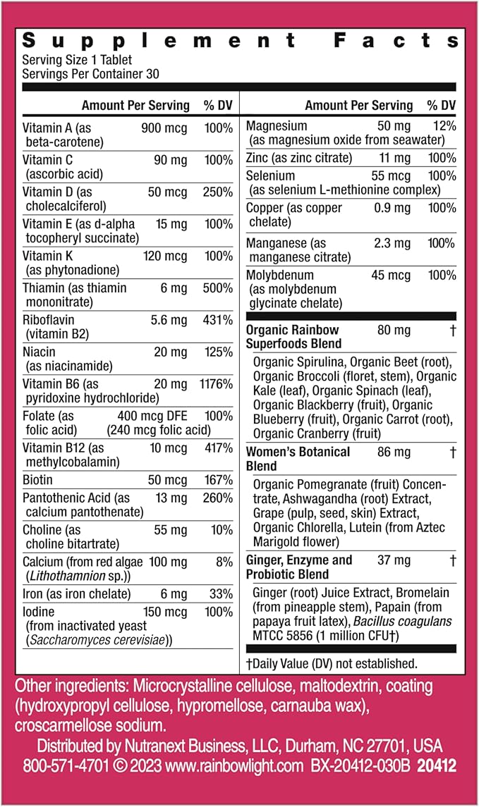 Rainbow Light Womens One High-Potency Daily Multivitamin, Womens Multivitamin Provides High-Potency Immune Support, With Vitamin C, Biotin and Ashwagandha, Vegetarian, 30 Count