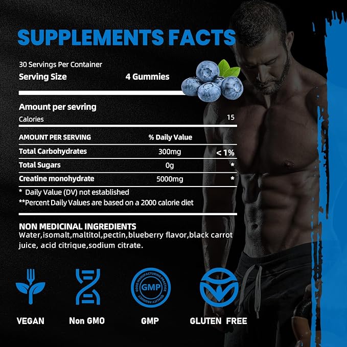Creatine Monohydrate Gummies 5000mg for Men & Women, Gomitas de Creatina 5g Creatine Monohydrate, 0g Sugar Chewables Creatine Pre-Work Out for Muscle Strength, Vegan,120 Count (120 Count, Blueberry)