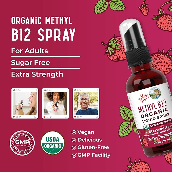 MaryRuth's Vitamin B12 Liquid Spray | Vegan, Non-GMO, Gluten-Free | USDA Organic B12 Vitamin Supplement | Energy & Nervous System Support | B12 Vitamins for Women & Men | VIT b12 1,500 mcg | 1 Fl Oz
