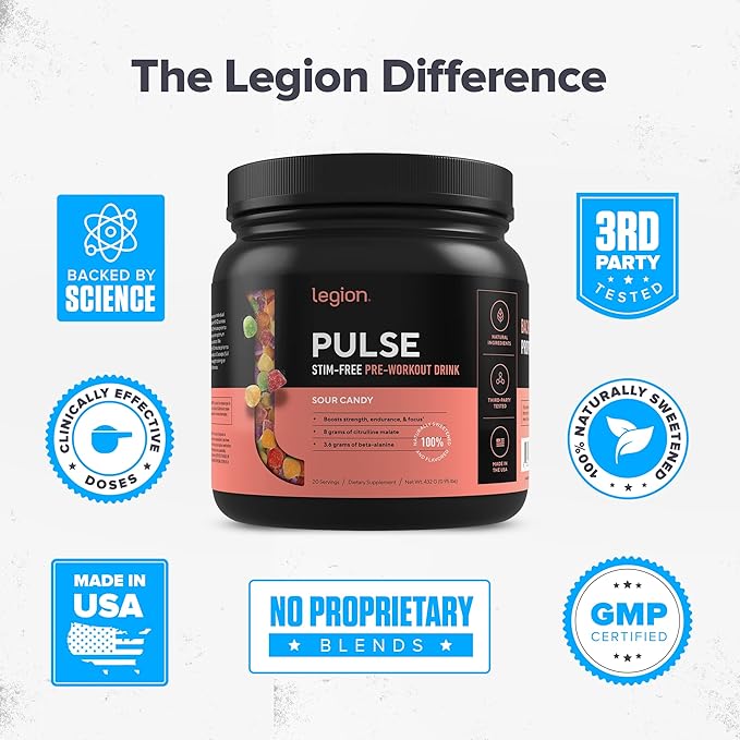 LEGION Pulse Pre Workout Supplement - All Natural Nitric Oxide Preworkout Drink to Boost Energy, Creatine Free, Naturally Sweetened, Beta Alanine, Citrulline, Alpha GPC (Caffeine Free Sour Candy)