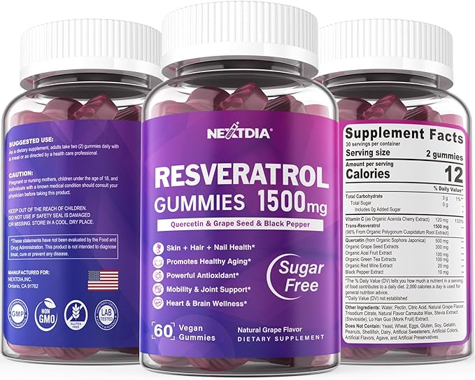 Resveratrol Gummies 1500mg - Sugar Free Resveratrol Supplement with Quercetin, Grape Seed, Acai Berries Extracts Support Antioxidant, Healthy Aging & longevity, Skin, Joint, Brain Wellness - 2Pack