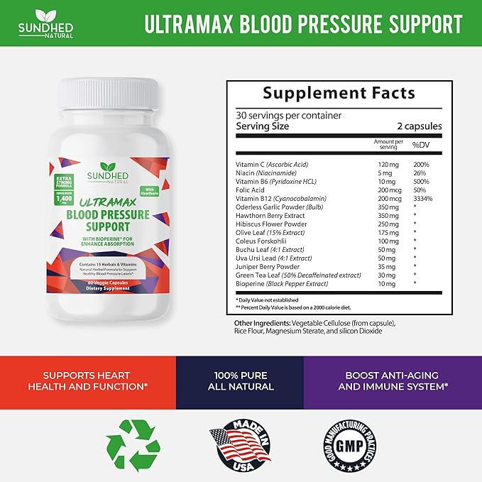 Sundhed Natrual UltraMax Blood Pressure with Bioperine for Enhanced Absorption, Hawthorn Berry Capsules - Multivitamin - 60 Capsules