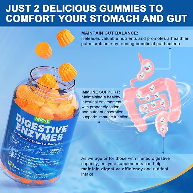 Digestive Enzymes with Probiotic Gummies, Multivitamins, Calcium, Magnesium - All 24 Essential Chewable Multi Enzymes - Papaya, Lipase, Amylase, Bromelain - Breaking Down Carbs, Proteins, Fats, 2Packs