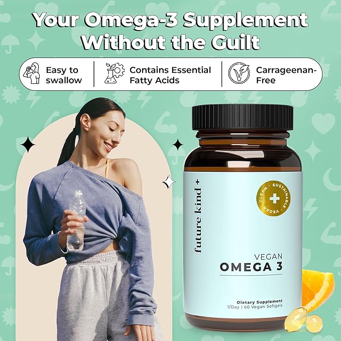 Future Kind Vegan Omega 3 Supplement (2 Month Supply) - Glass Bottle & Carrageenan-Free Algae Omega 3 Supplements for Joint, & Mood Support - DHA EPA Supplements for Kids & Adults
