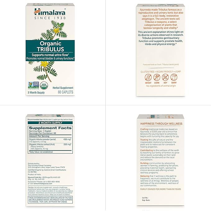 Himalaya Organic Tribulus Terrestris, Herbal Supplement for Urinary Support and Flow, Bladder Function, Prostate Support, Stamina, Male Energy, Non-GMO, USDA Organic, Vegan, 688 mg, 60 Caplets