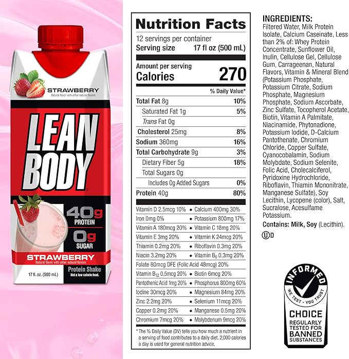 Labrada Lean Body Ready-to-Drink Strawberry Protein Shake, 40g Protein, Whey Blend, 0 Sugar, Gluten Free, 22 Vitamins & Minerals, 17 Ounce (Recyclable Carton & Lid - Pack of 12) LABRADA