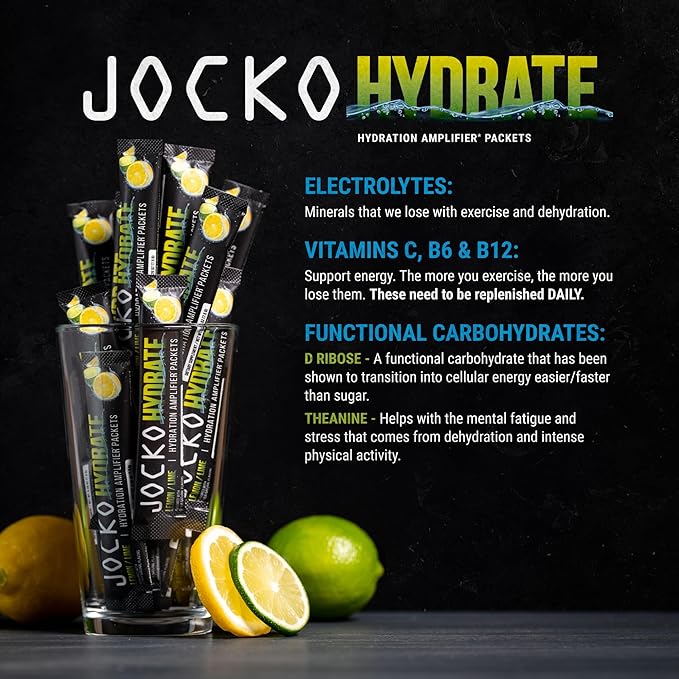 Jocko Fuel Hydrate Electrolytes Powder Packets Low Sugar - Hydration Amplifier Packets for Recovery, Dehydration, & Exercise - with Vitamins B6, B12 & C (16 Packets) Lemon Lime