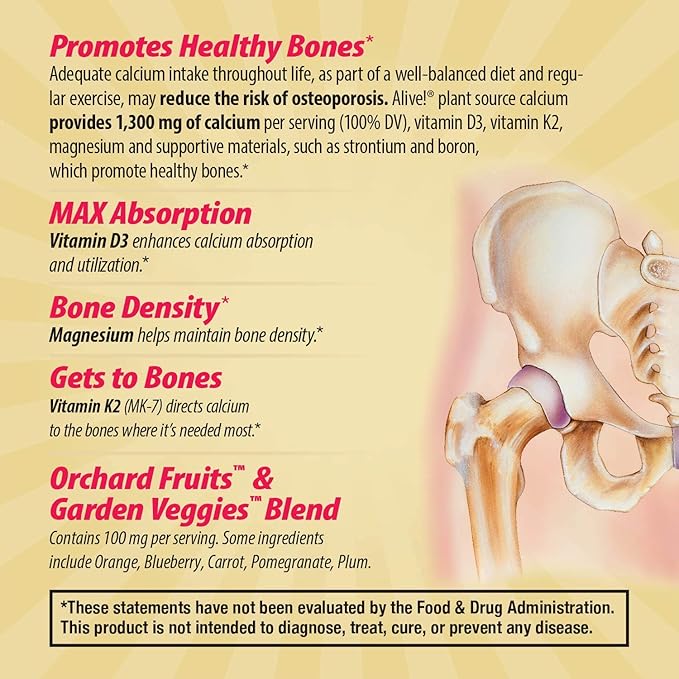 Nature's Way Alive! Calcium Max Absorption, Bone Support*, Plant Source Calcium, Vitamin D3 & K2, Magnesium, 60 Tablets (Packaging May Vary)