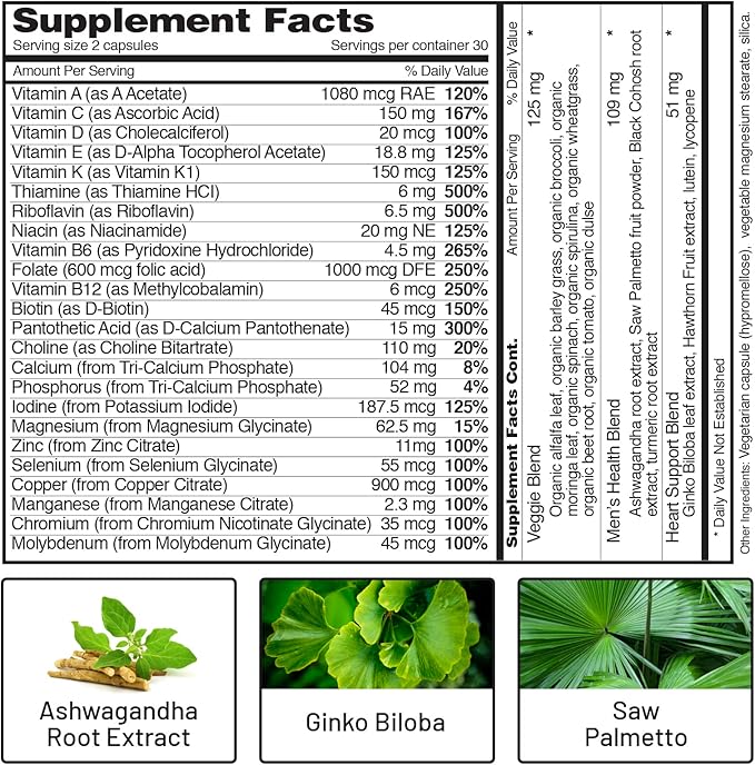 Snap Supplements Men's Multivitamins - Daily Vitamins & Minerals for Men - Vitamin D, B12, Zinc, Herbs & Vitamin C for Energy & Immune Support, Multivitamin for Men, 60 Capsules