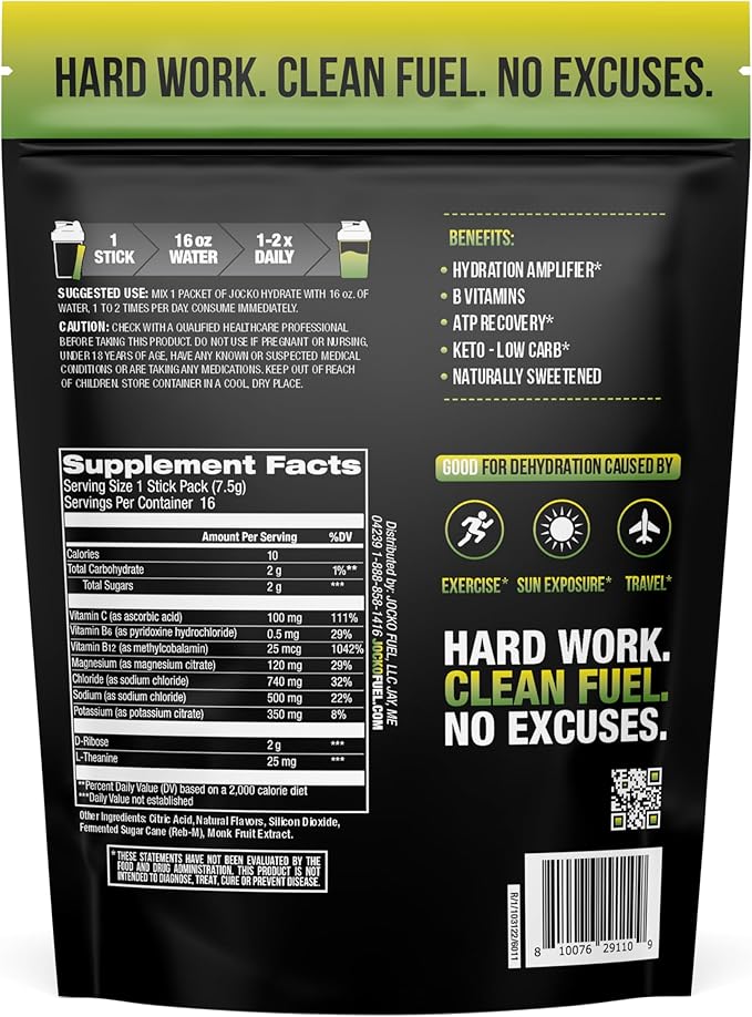 Jocko Fuel Hydrate Electrolytes Powder Packets Low Sugar - Hydration Amplifier Packets for Recovery, Dehydration, & Exercise - with Vitamins B6, B12 & C (16 Packets) Lemon Lime