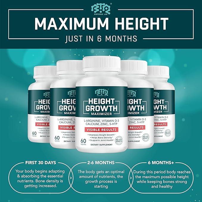 Height Growth Maximizer, Calcium, Vitamin D3 and Zinc Blend Pills, Bone Growth Supplement for Kids and Teens, Bone Strength, Density Support, GMO-Free, Gluten-Free, Made in USA, 60 Caps