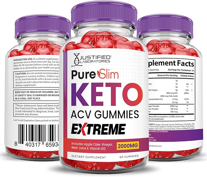 (3 Pack) Pure Slim Keto ACV Gummies Extreme 2000MG PureSlim Keto Gummies Advanced Formula Apple Cider Vinegar with Pomegranate Beet Juice Powder B12 Vegan Non GMO 180 Gummys
