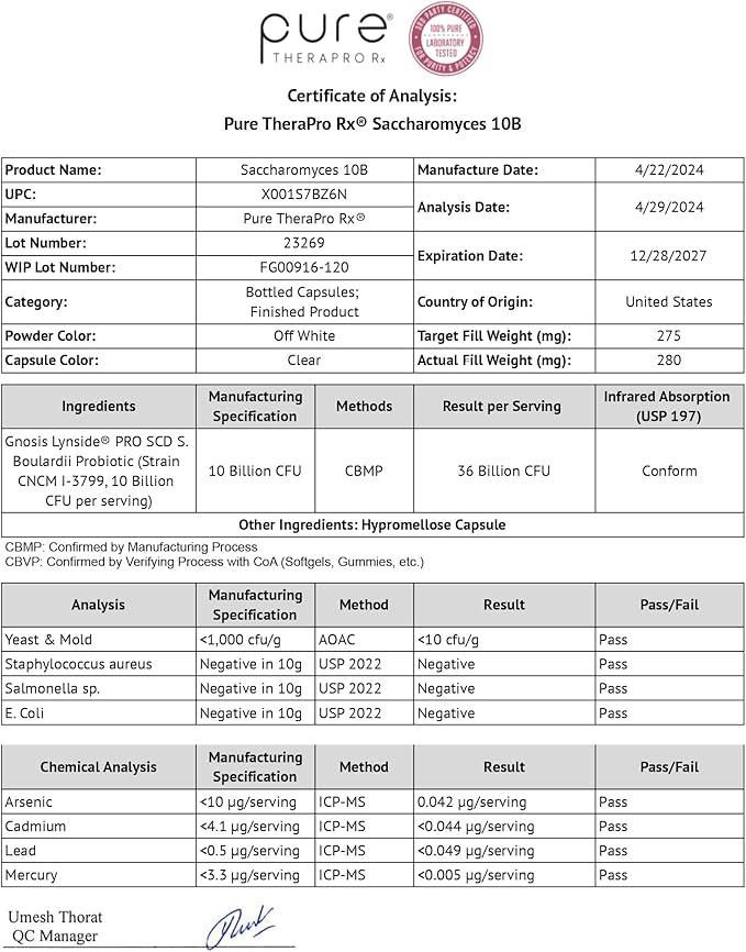 Saccharomyces 10B - Saccharomyces Boulardii, 10 Billion CFU Per Serving, Patented Strain: Lynside CNCM I-3799, Probiotic Capsules, Probiotics for Men and Women - 120 Count