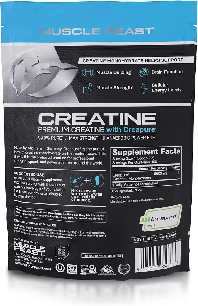 Muscle Feast Creapure Creatine Monohydrate Powder, Vegan Keto Friendly Gluten-Free Easy to Mix, Mass Gainer, Muscle Recovery Supplement and Best Creatine for Muscle Growth, Unflavored, 500g