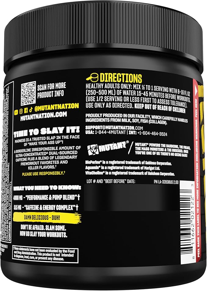 Mutant Madness | Pre Workout Powder Supplement Performance and Pump Blend Includes L-Citrulline, Beta-Alanine, Taurine, L-Tyrosine | 30 Serving | Lemonade
