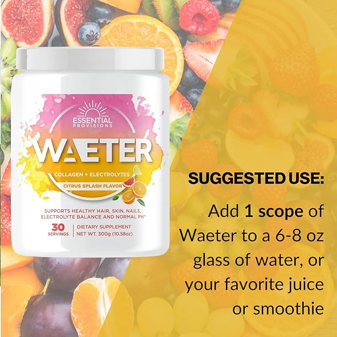 WAETER | Collagen & Electrolyte Hydration Powder | Sugar Free | Non-GMO | Gluten Free | Paleo | Soy Free | Dairy Free | Grass-Fed & Pasture Raised | 30 Servings - Citrus Splash