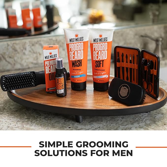 Wild Willies Beard Grooming Kit - Beard Growth Serum, Boar Bristle Brush, Supplement, and Travel Bag