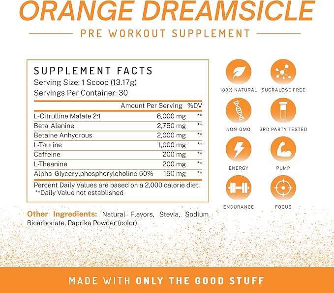 PWDRS PRE Pre-Workout Powder - Energy, Pump, Endurance, Focus, Strength Supplement with Caffeine (Orange Dreamsicle)
