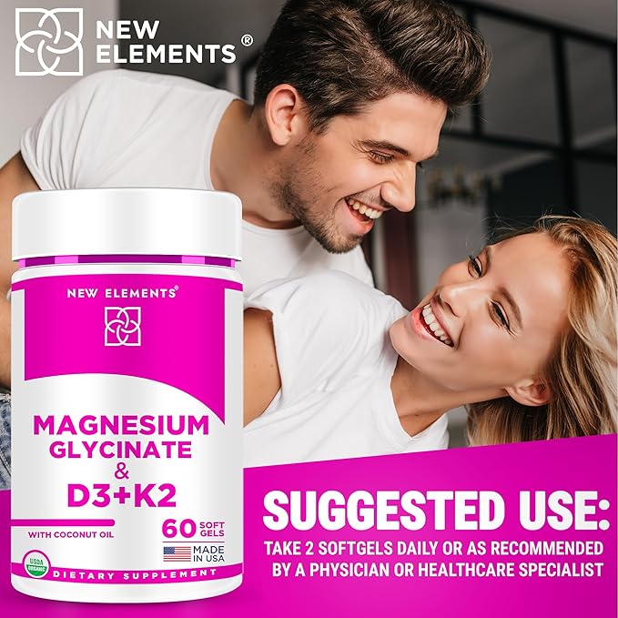 Magnesium Glycinate 500mg Organic Softgels with Vitamin D3 and K2 | D3 10,000 IU | Vitamin K2 100mcg with Coconut Oil for Bone Health | Immunity Support | Non-GMO | Gluten-Free | Sugar Free