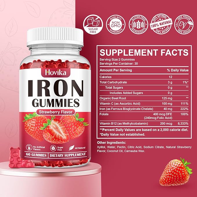 Iron Gummies Supplement for Women & Men, Kids Iron Supplements for Anemia with Vitamin C, B12, Folate - Blood Builder & Energy Support for Iron Deficiency - Sugar Free Strawberry Flavor, 60 Gummies