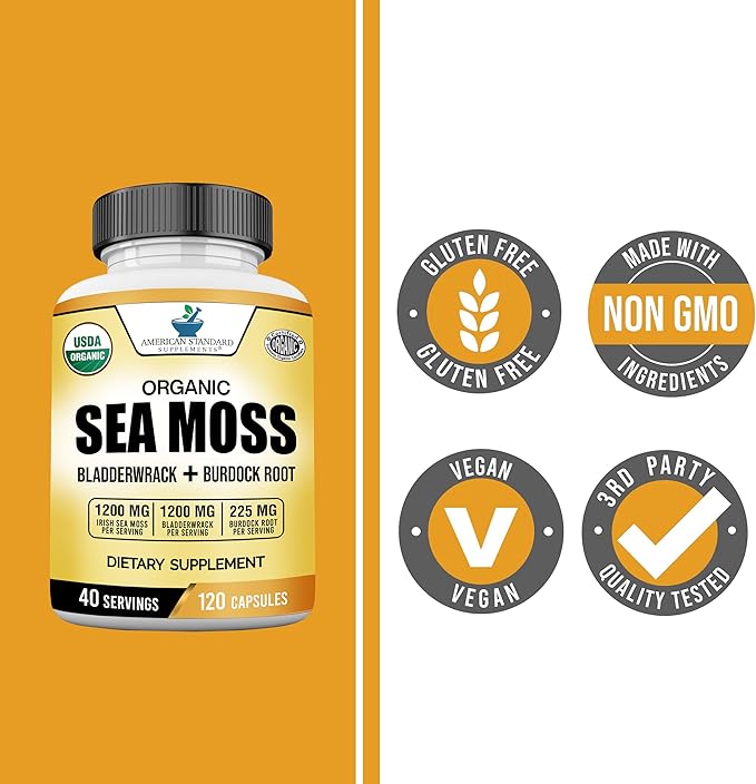 American Standard Supplements Organic Sea Moss, Bladderwrack & Burdock Root Capsules - 1200mg Sea Moss, 1200mg Bladderwrack, 225mg Burdock Root Per Serving - 120 Capsules, 40 Servings