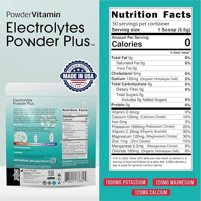 Electrolytes Powder Plus (50 Servings) Black Tea Ginseng Electrolyte Powder Keto, Sugar Free, Pink Himalayan Salt,1000mg Potassium,120mg Calcium,120mg Magnesium, Hydration Powder
